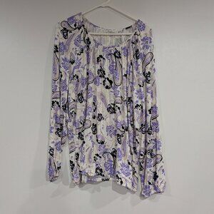 Cleo Floral Print Jersey Stretch Peasant Top White Black Mauve Size XXL